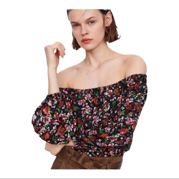 ZARA Black Floral Off the Shoulder Relaxed Fit Top Size XS - Picture 1 of 5